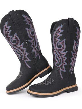 〽️Women's Mid-Calf Cowgirl Boot Back Floral Leather Side Zipper Chunky Heel
